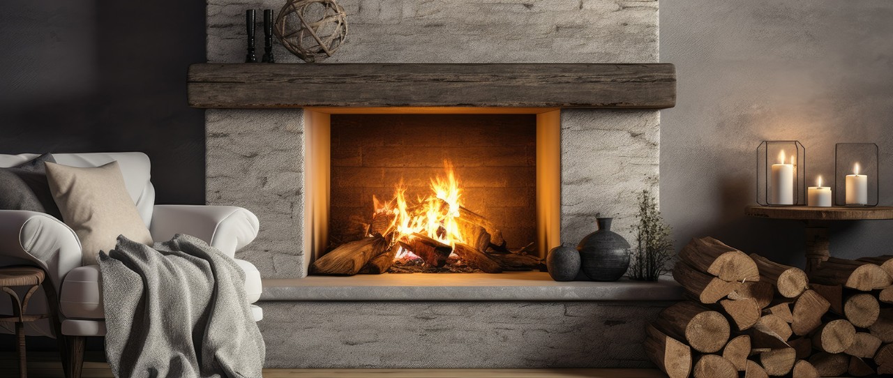 Cozy living room featuring a wood-burning fireplace, lounge chair with a throw blanket, and end table with burning candles.